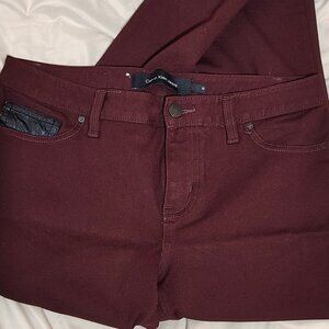 Calvin Klein Jeans Stretch Skinny Pant Denim Burgundy + Faux Leather Trim SZ 10